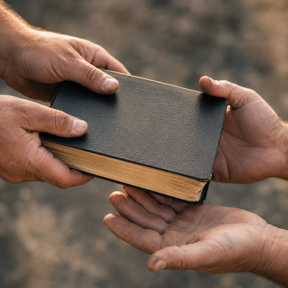 One person handing a Bible into another person's open hands